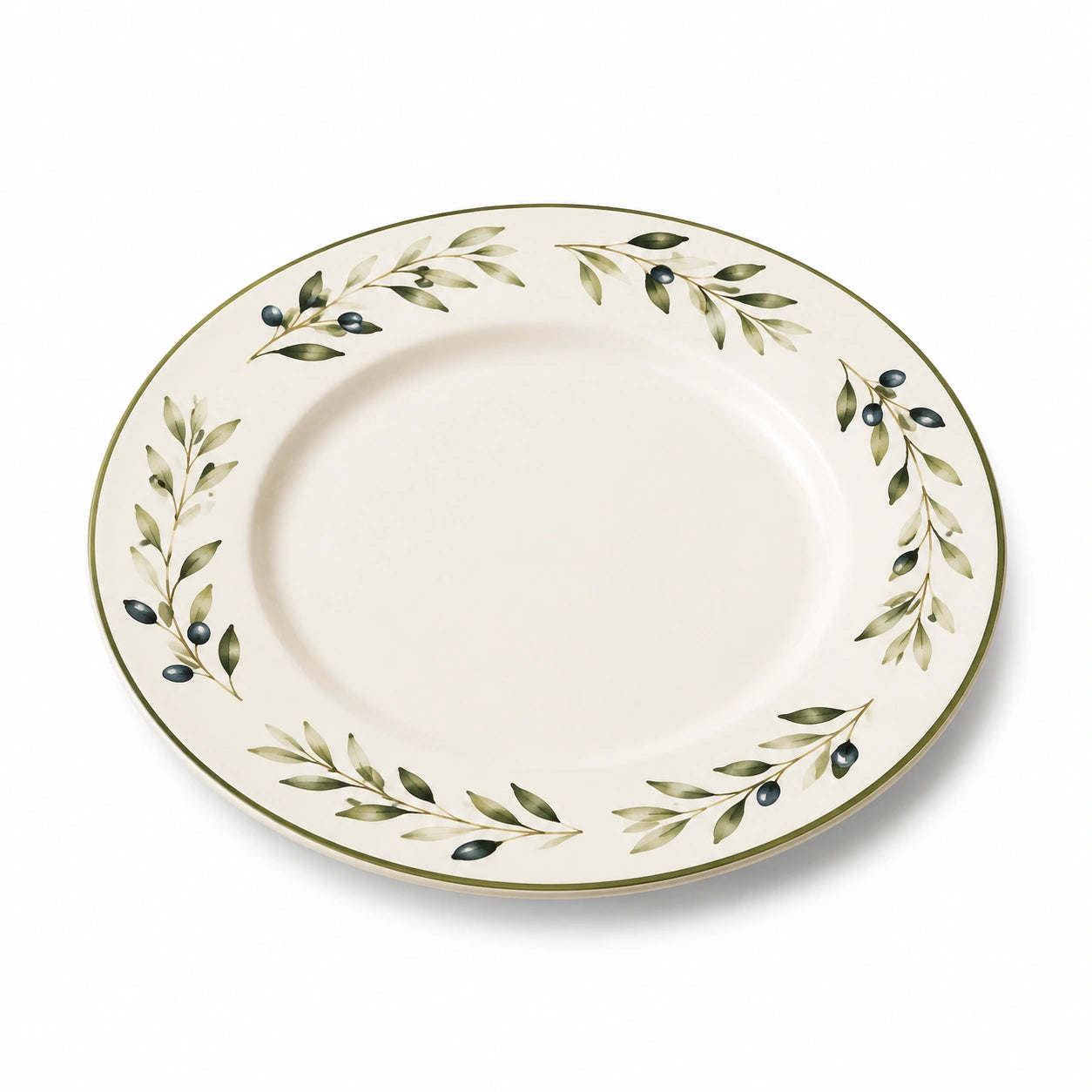 Assiette plate 27 cm en céramique ivoire motif olive pour repas style végétal