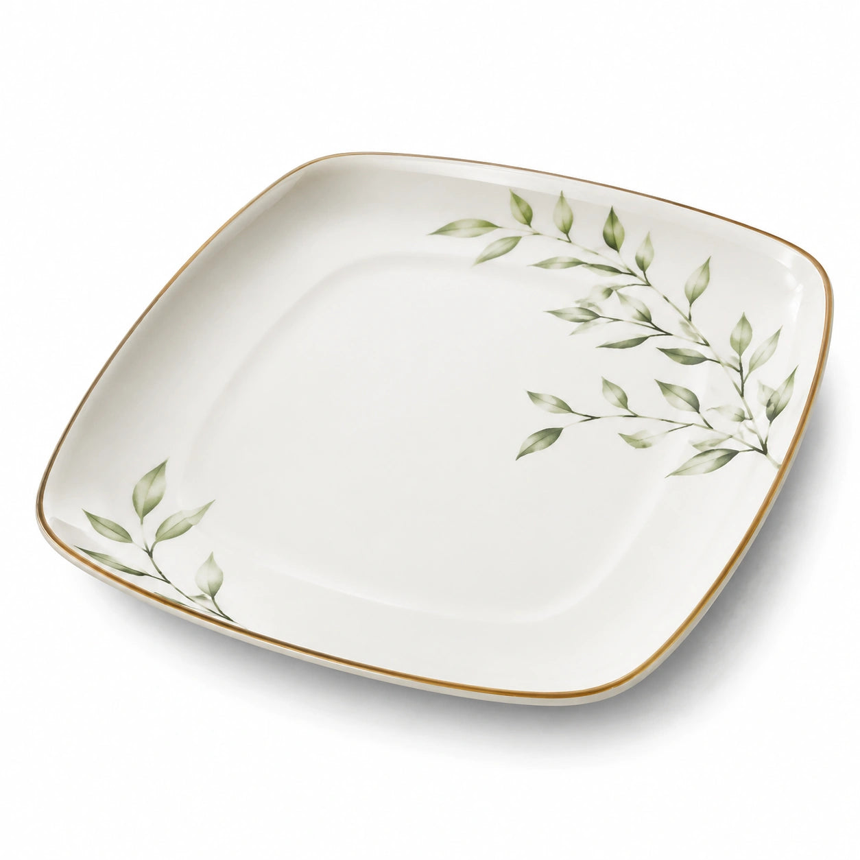 Assiette carrée 25 x 25 cm en porcelaine blanche et verte à motif végétal