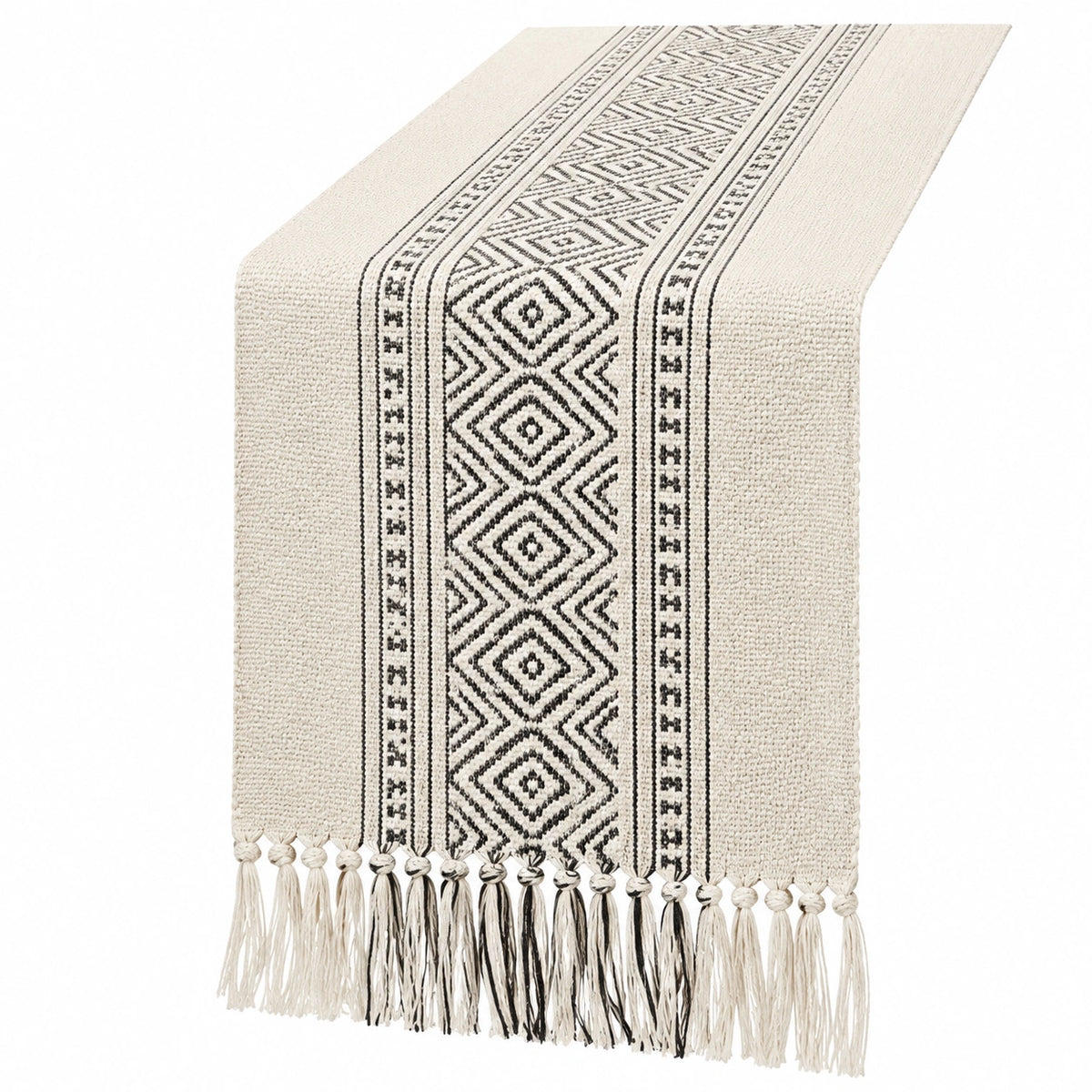 Chemin de table 180 x 33 cm en coton écru noir à franges style géométrique