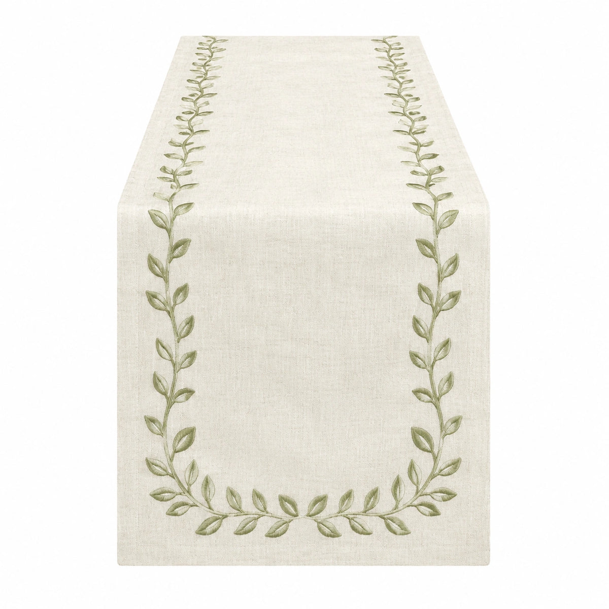 Chemin de table 180 x 40 cm en tissu beige à motif végétal vert style naturel