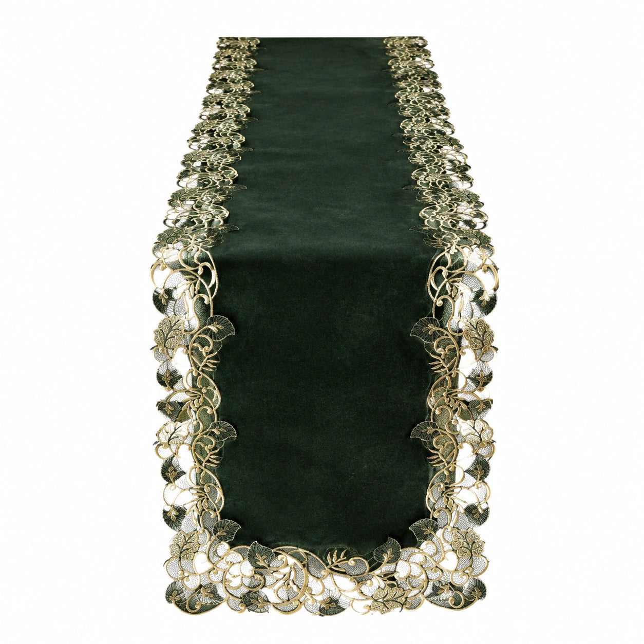 Chemin de table 180 x 40 cm en velours vert foncé à dentelle florale décorative