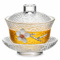 Gaiwan 180 ml en verre transparent ambré avec couvercle et soucoupe motif floral