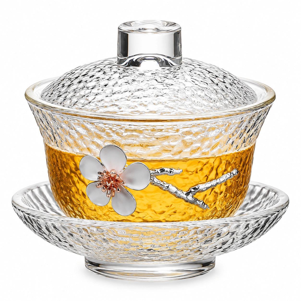 Gaiwan 180 ml en verre transparent ambré avec couvercle et soucoupe motif floral
