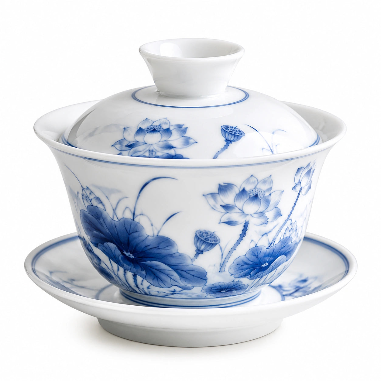 Gaiwan 150 ml en porcelaine blanc et bleu pour thé à décor floral