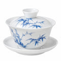 Gaiwan 180 ml en porcelaine blanche et bleue décor bambou avec soucoupe et couvercle