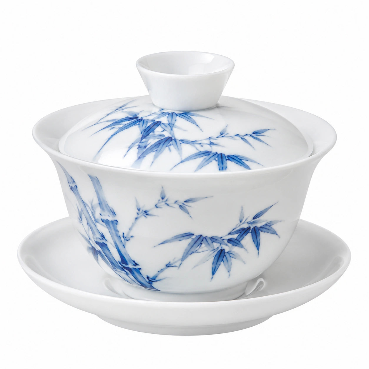 Gaiwan 180 ml en porcelaine blanche et bleue décor bambou avec soucoupe et couvercle