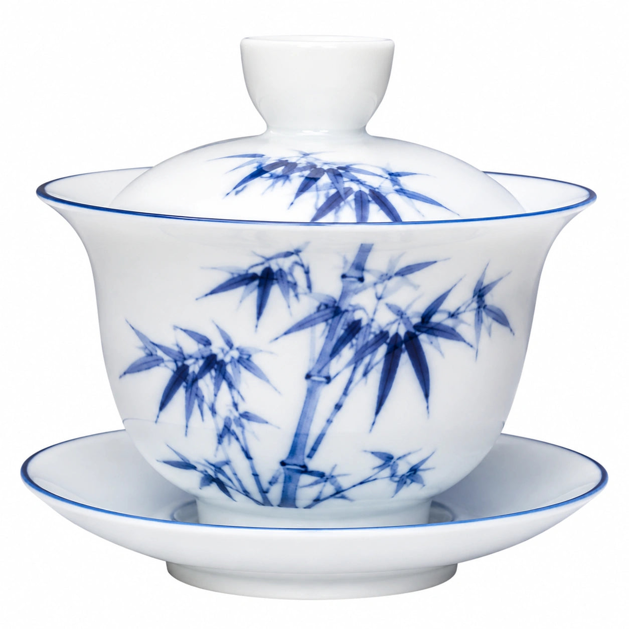 Gaiwan 120 ml en porcelaine blanc et bleu décor bambou avec couvercle