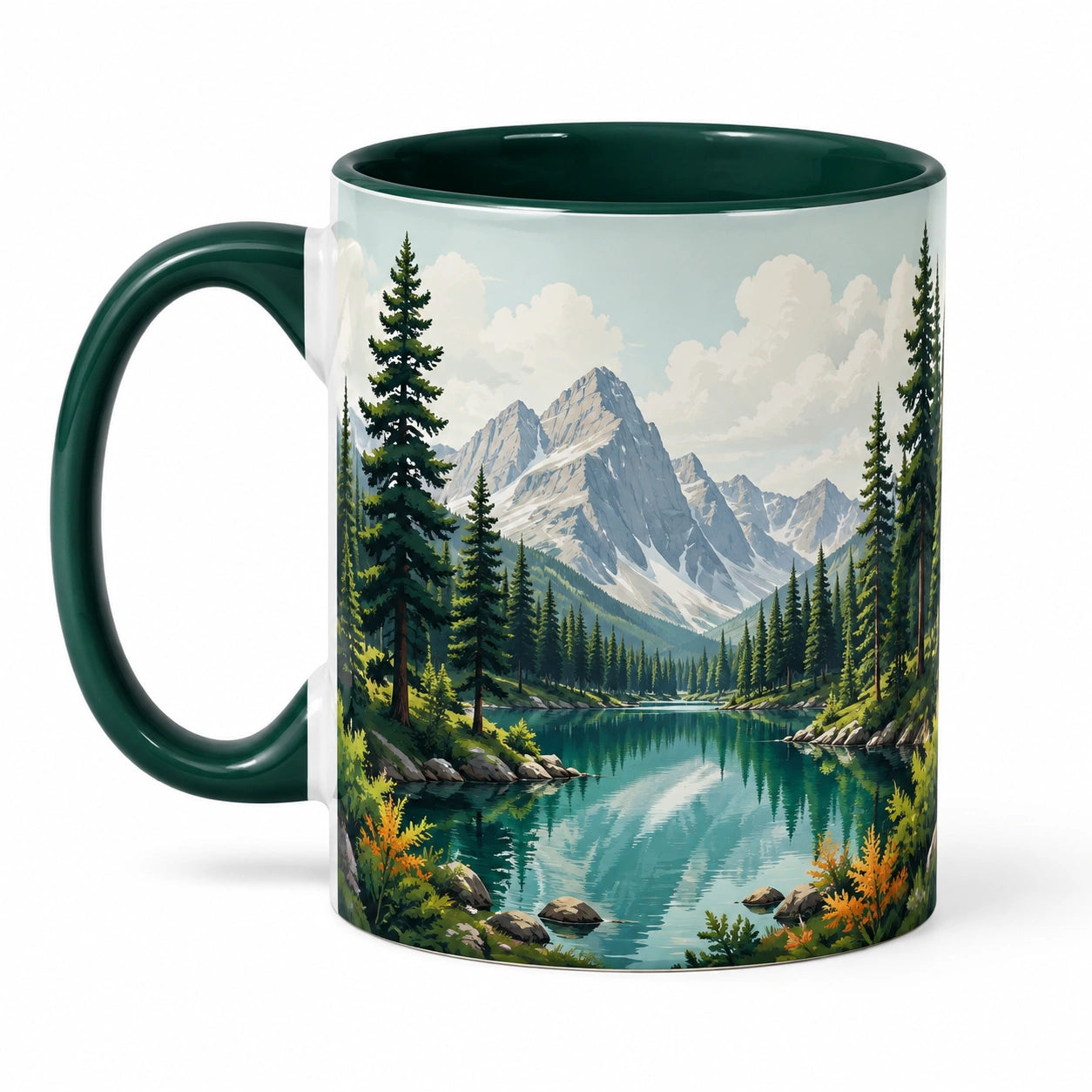 Mug 350 ml en céramique vert motif montagne pour boissons chaudes