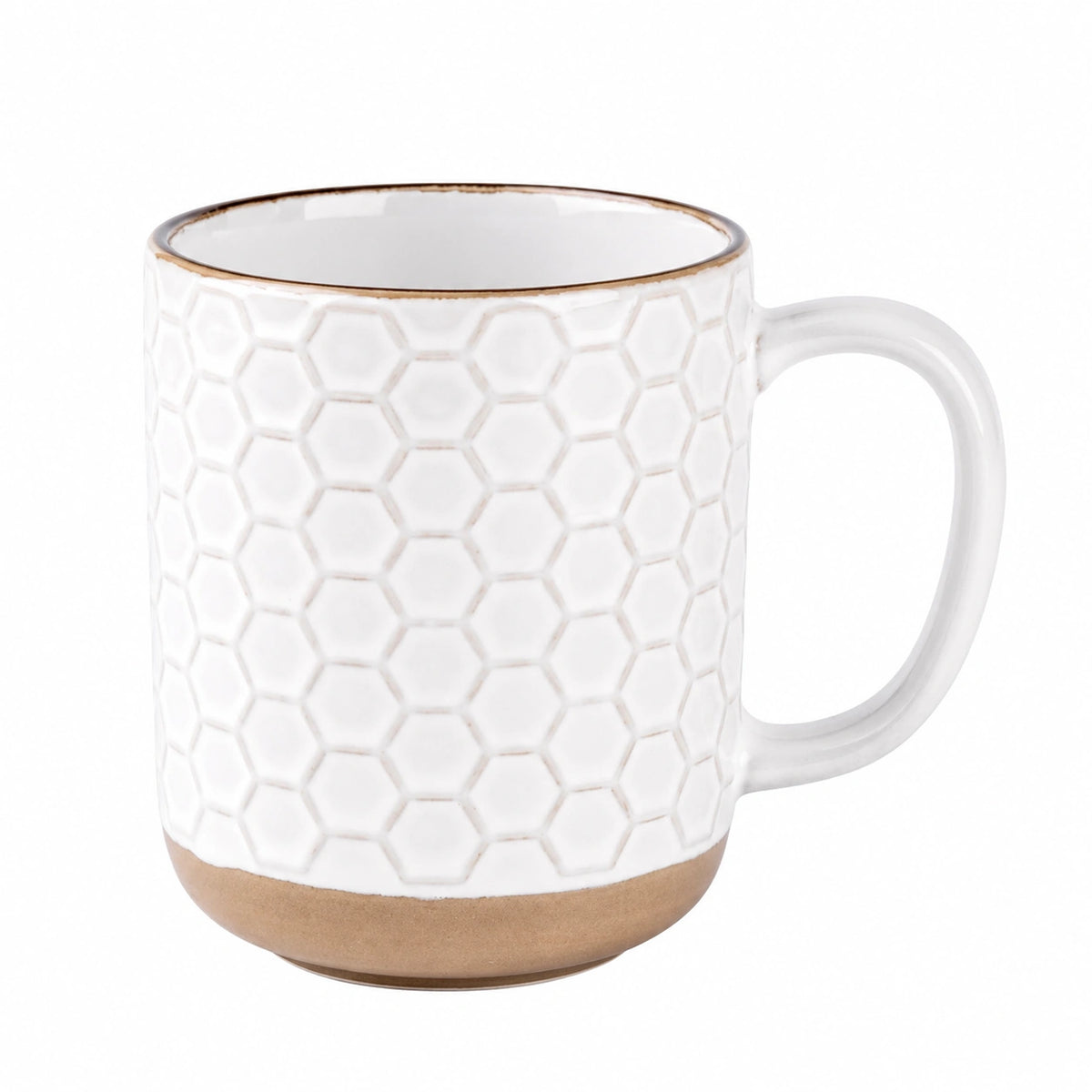 Mug en céramique 350 ml blanc et beige à relief hexagonal avec anse