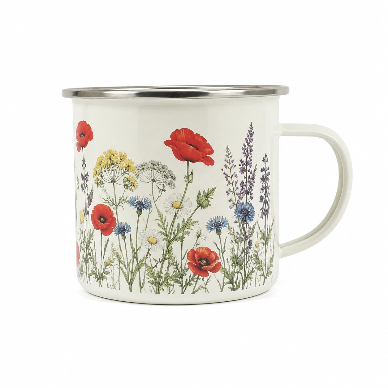 Mug émaillé 500 ml en acier blanc à motifs floraux avec bord argenté