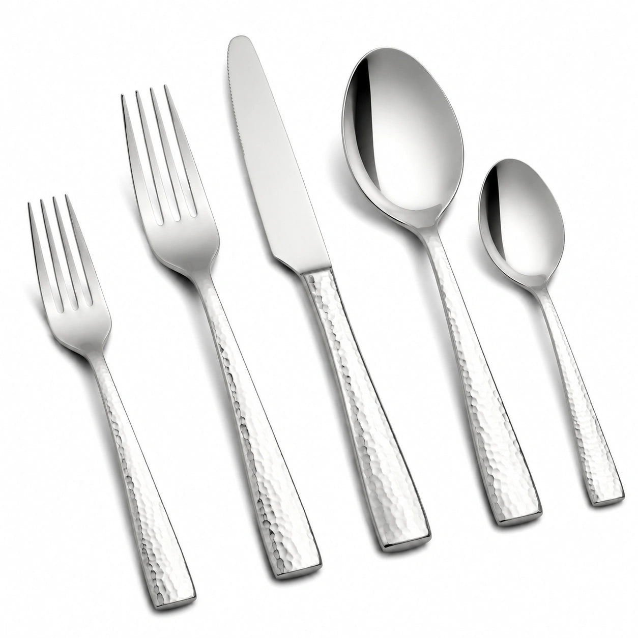 Ménagère 5 pièces 14 à 23 cm en acier inoxydable argentée à manches martelés pour table