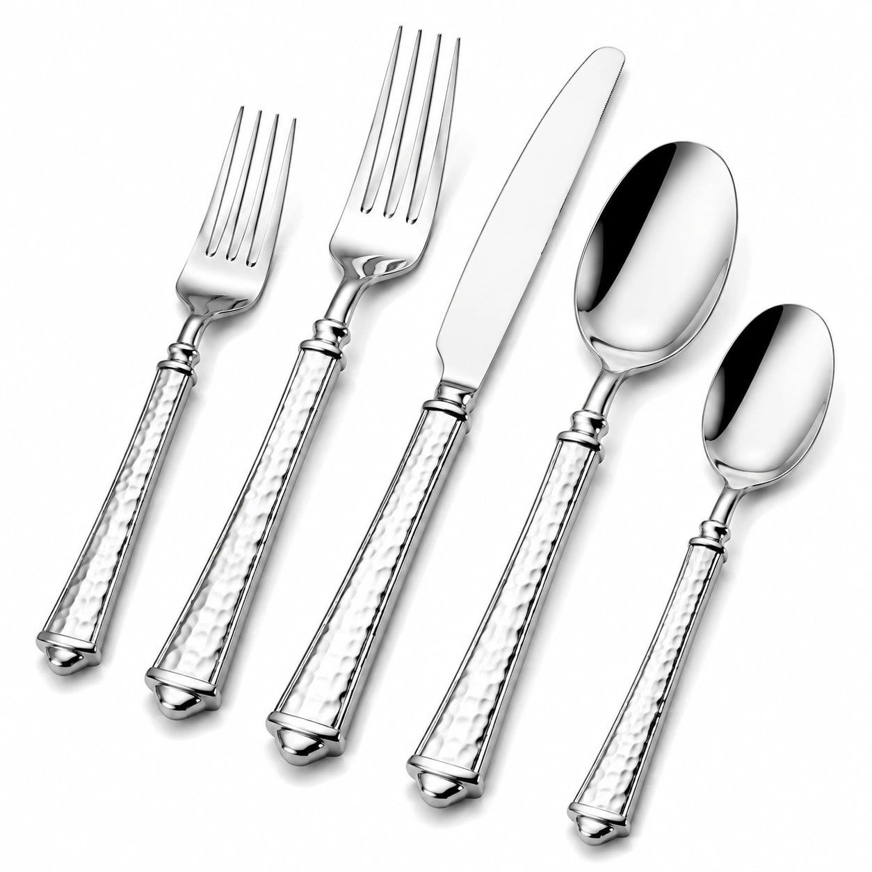 Ménagère 5 pièces en acier inoxydable argenté style martelé
