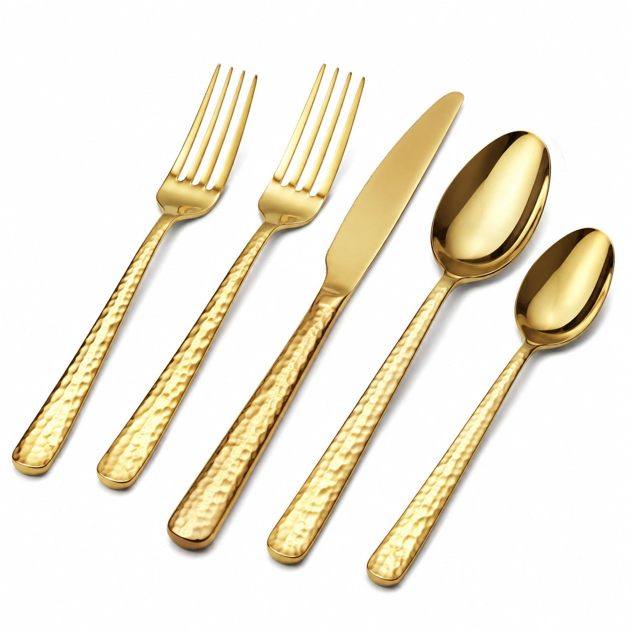 Ménagère 5 pièces 14-22 cm en acier inoxydable doré à manches martelés