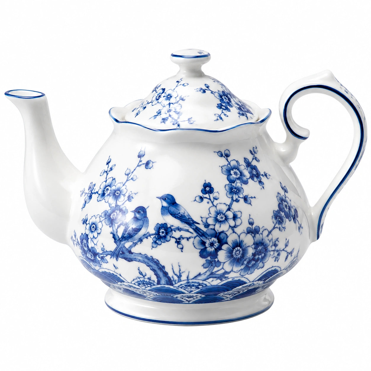 Théière 1.20 L en porcelaine blanche et bleue à décor floral avec couvercle